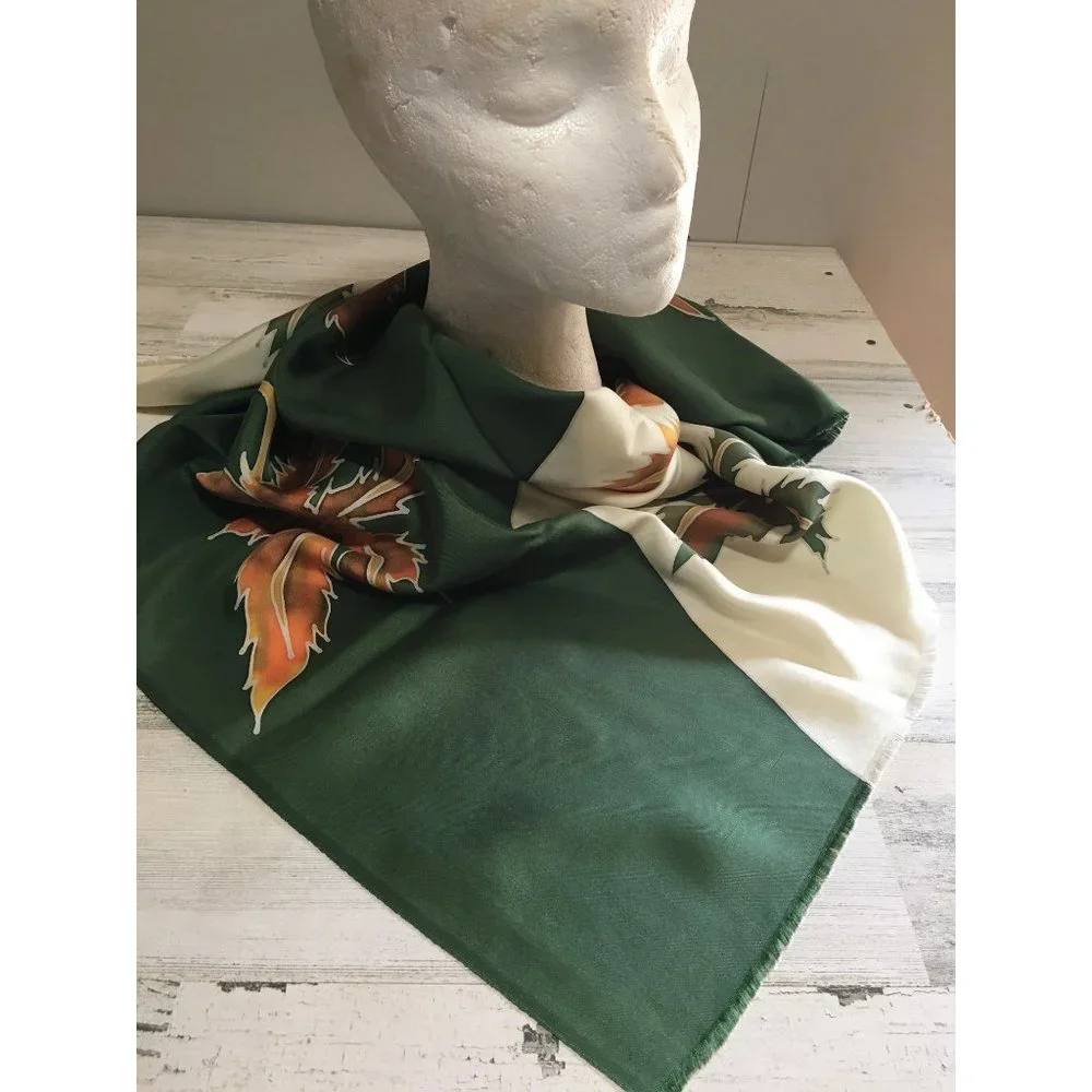 Green cream 34”x36” scarf with decorative fall look leaves